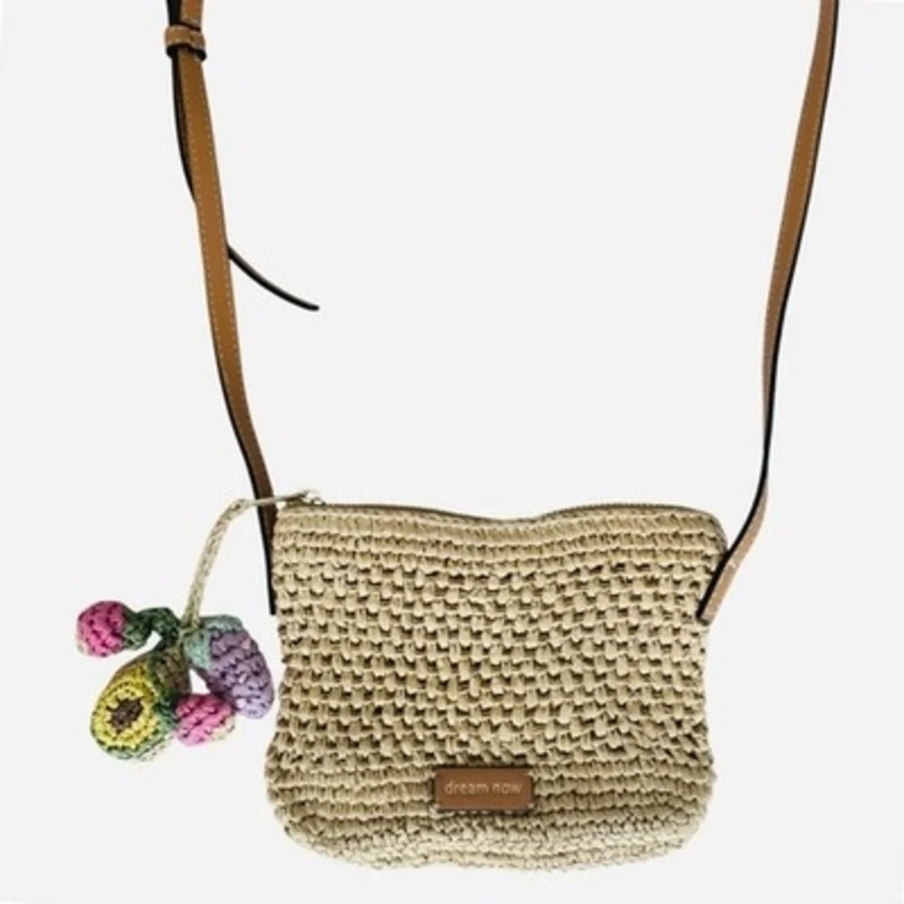 ZARA Woven Straw Crochet Crossbody Mini Bag Boho Beach Berries Tassel 7x6